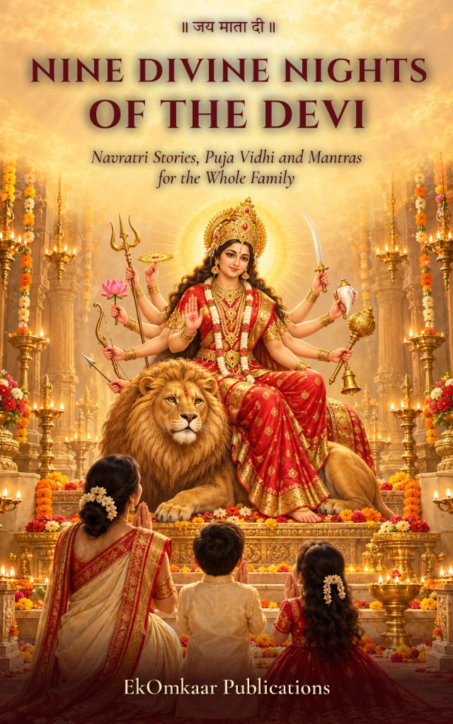 Nine Divine Nights of the Devi book cover: Maa Durga on her lion, with a mother and two children praying